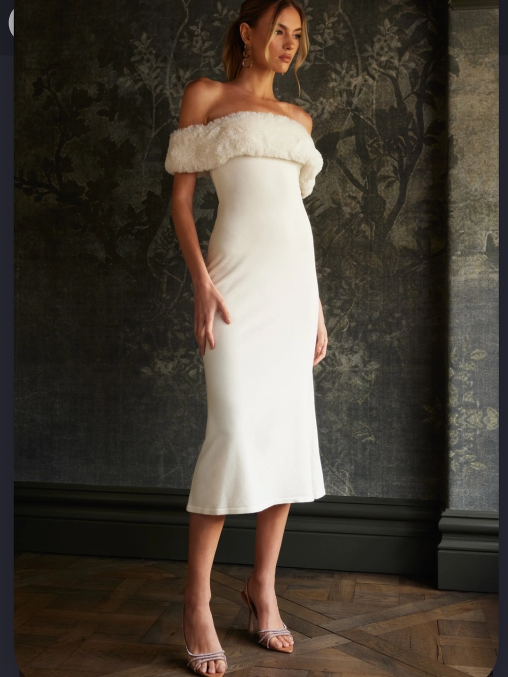 Meshki angelica off the shoulder fur dress Women’s Medium Midi Ivory Luxury V